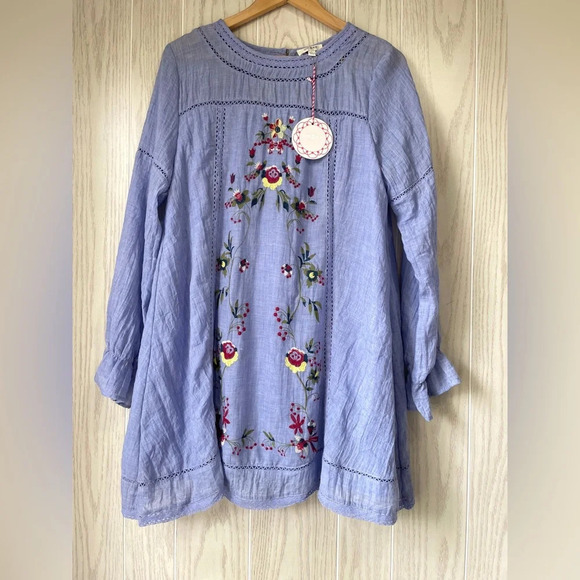 Umgee Embroidered Rose Bell Sleeve Boho Prairie Mini Dress size Large NWT